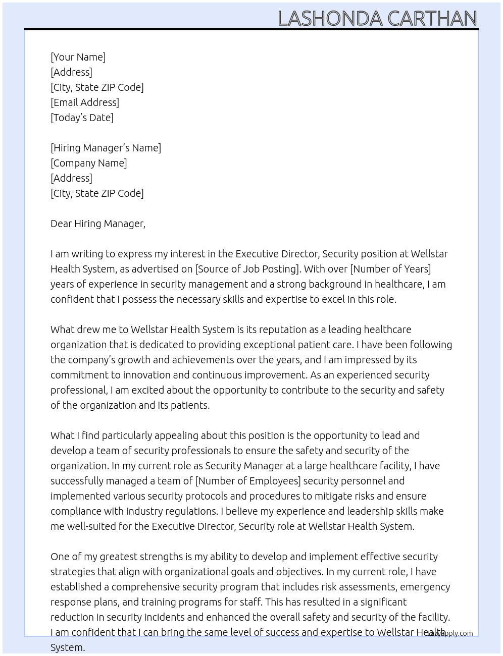 Executive Director, Security At Wellstar Health System Cover Letter