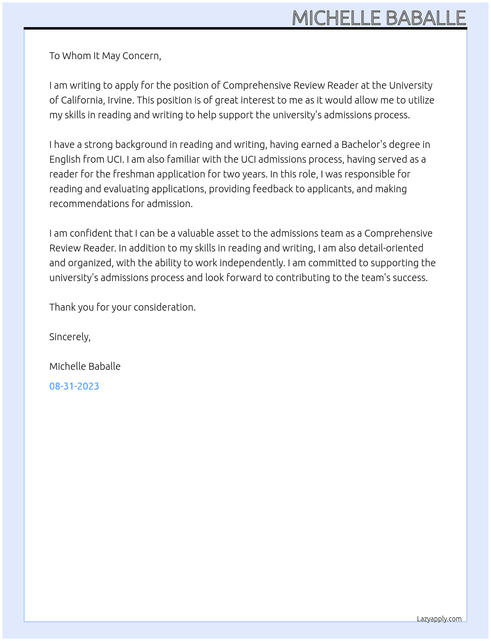 Comprehensive Review Reader  At University of California, Irvine Cover Letter