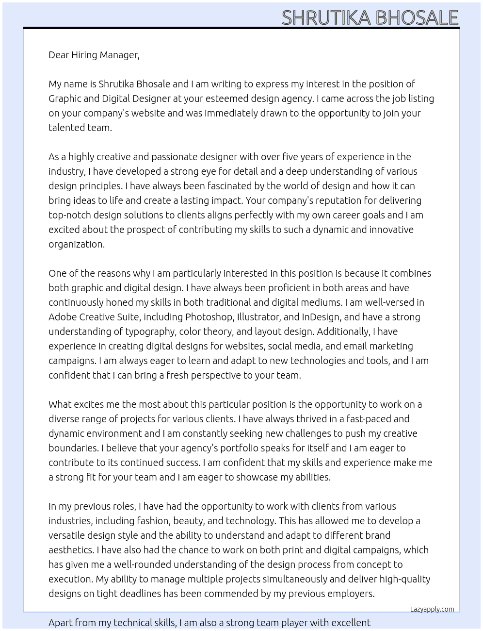 Graphic and Digital designer At Design agency Cover Letter