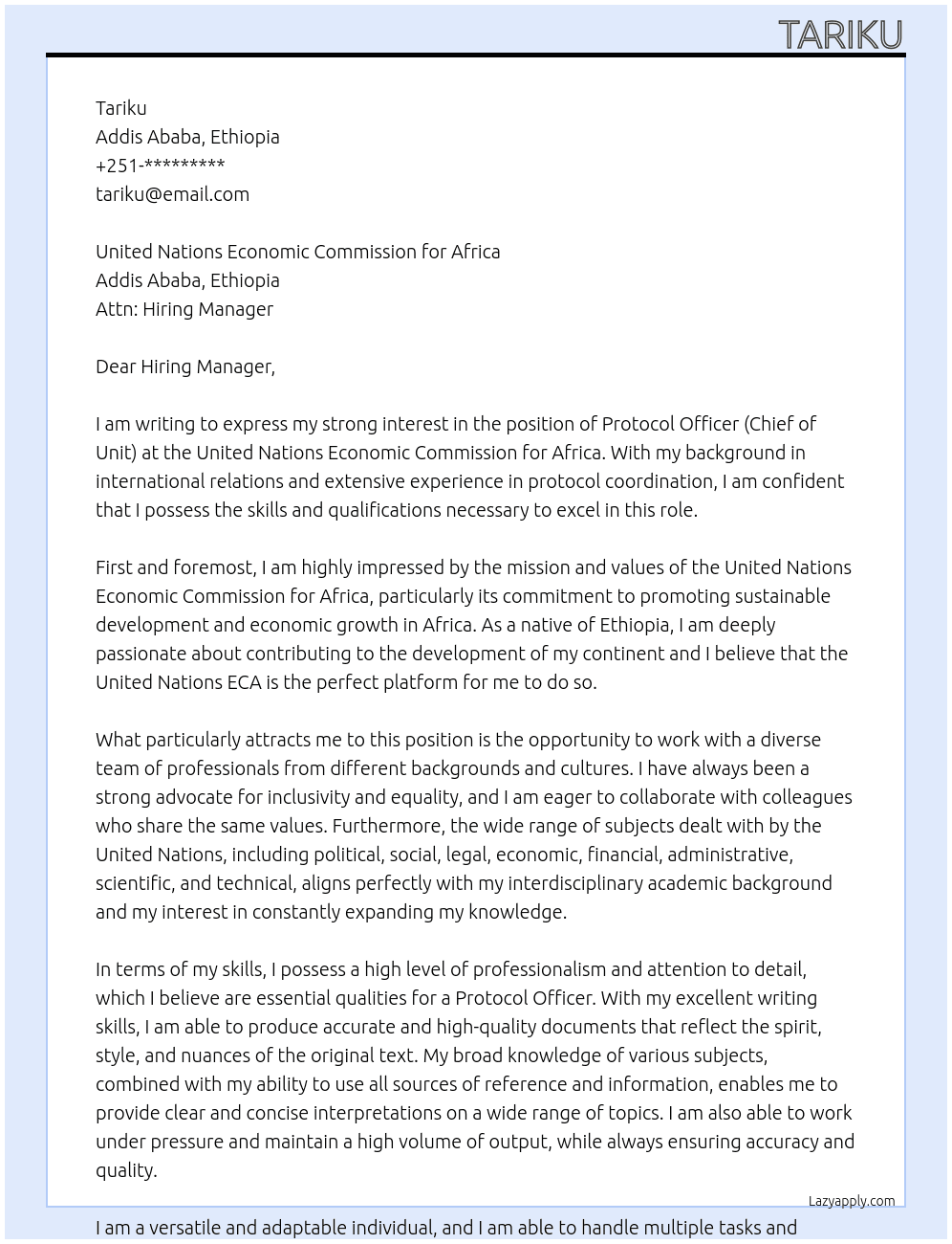 PROTOCOL OFFICER (CHIEF OF UNIT) At United Nations Economic Commission for Africa Cover Letter