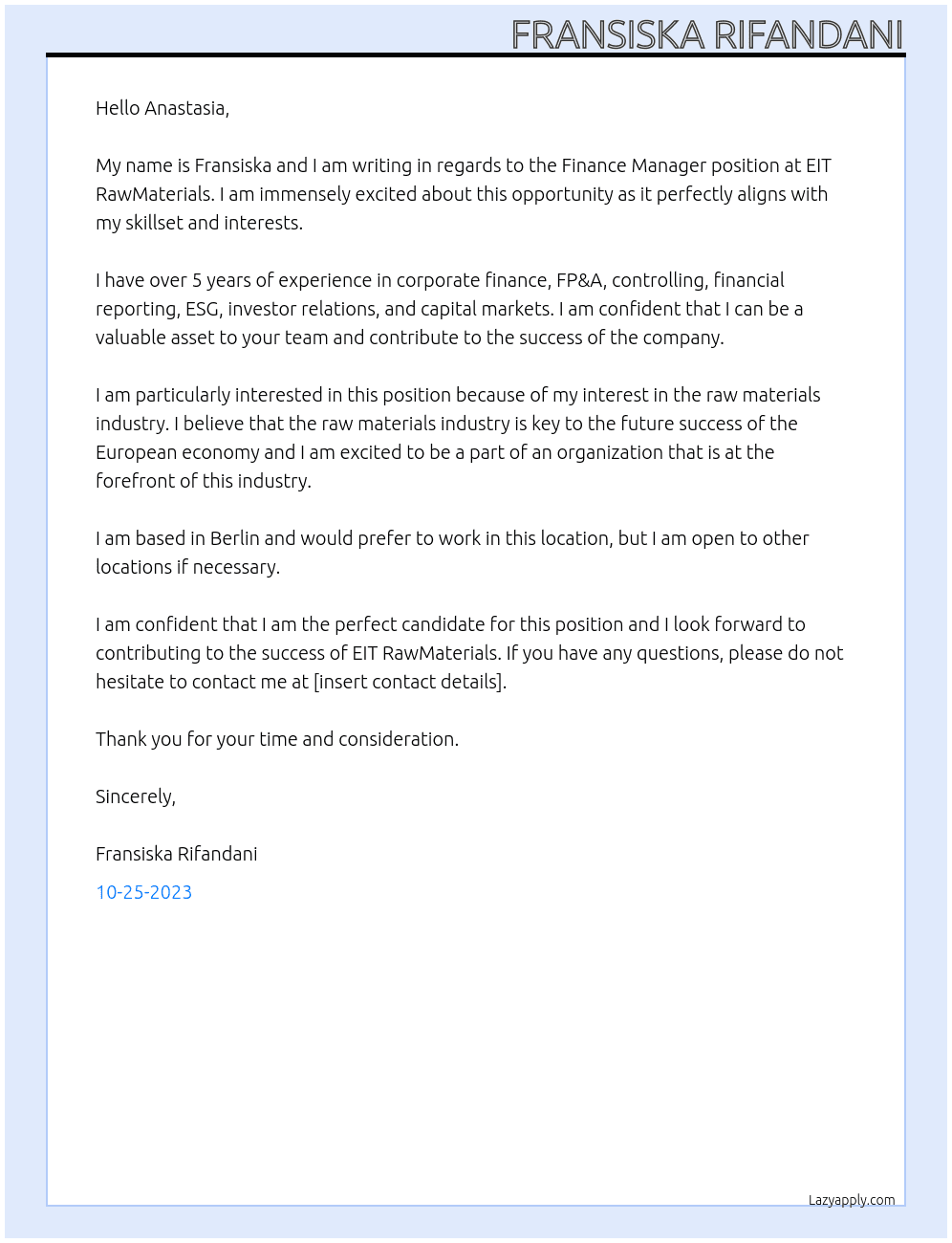 Finance Manager At EIT RawMaterials Cover Letter
