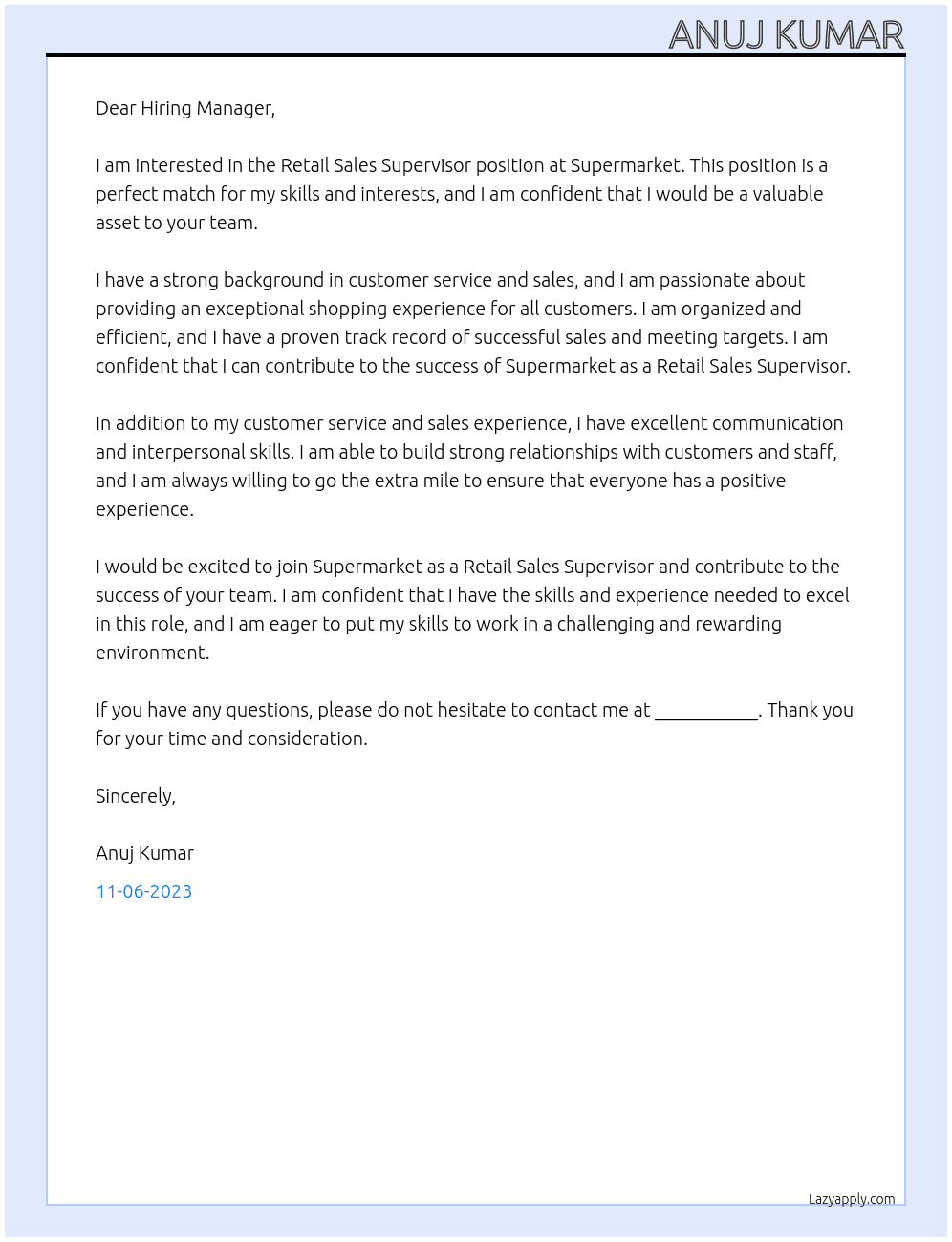 Retail Sales Supervisor At Supermarket Cover Letter