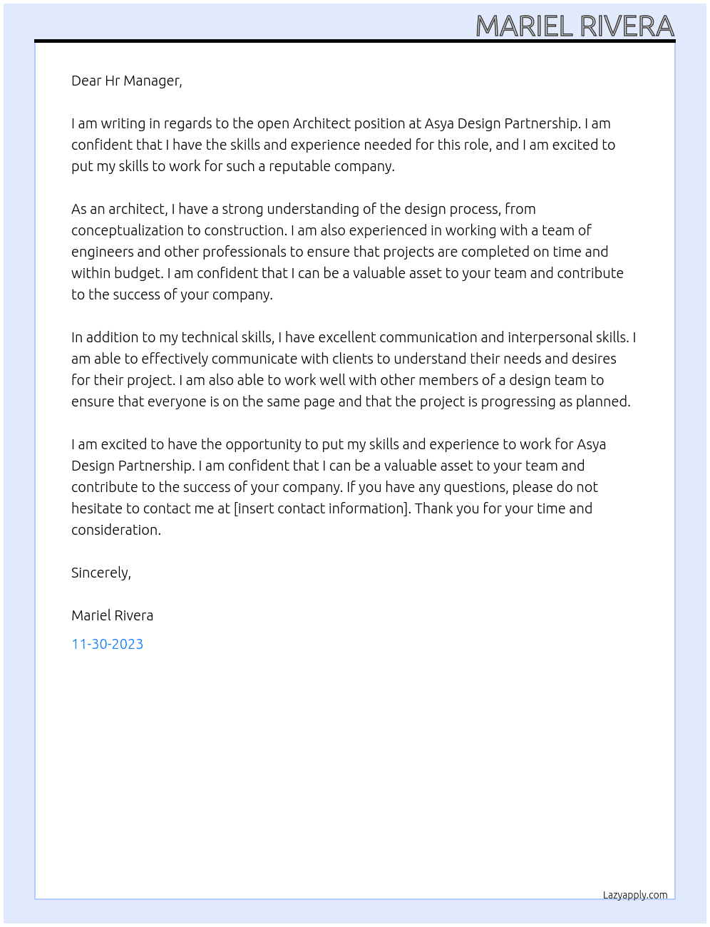 Architect  At Asya design partnership  Cover Letter