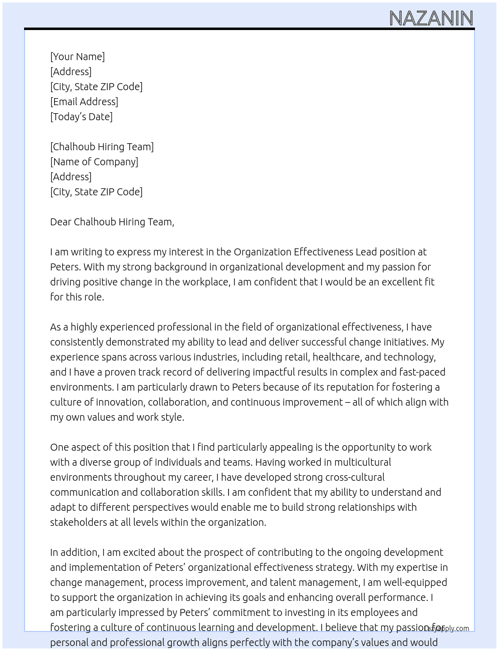 Organization Effectiveness Lead At Peters Cover Letter