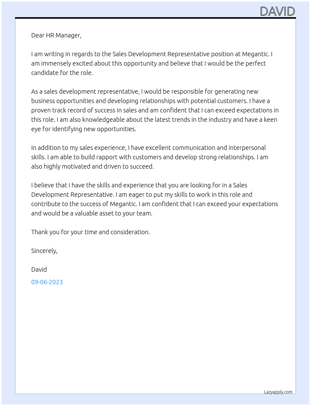 Sales Development Representative At Megantic Cover Letter