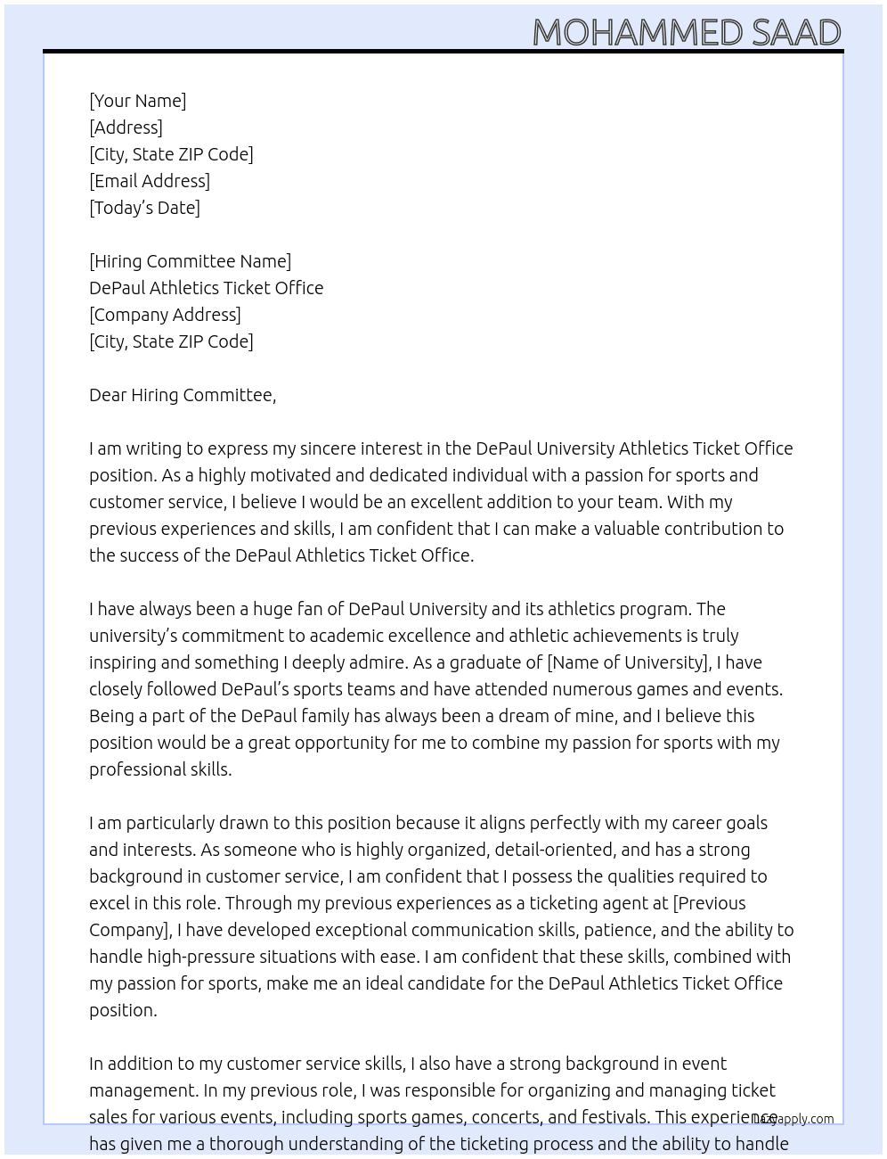 DePaul University Athletics Ticket Office  At DePaul Athletics Ticket Office  Cover Letter
