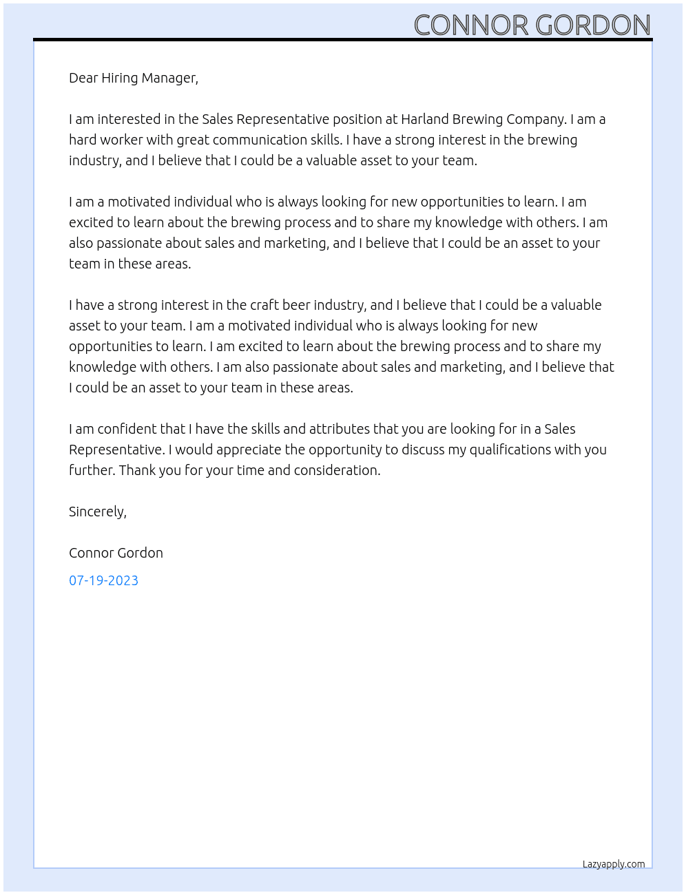 Sales Representative At Harland Brewing Company Cover Letter