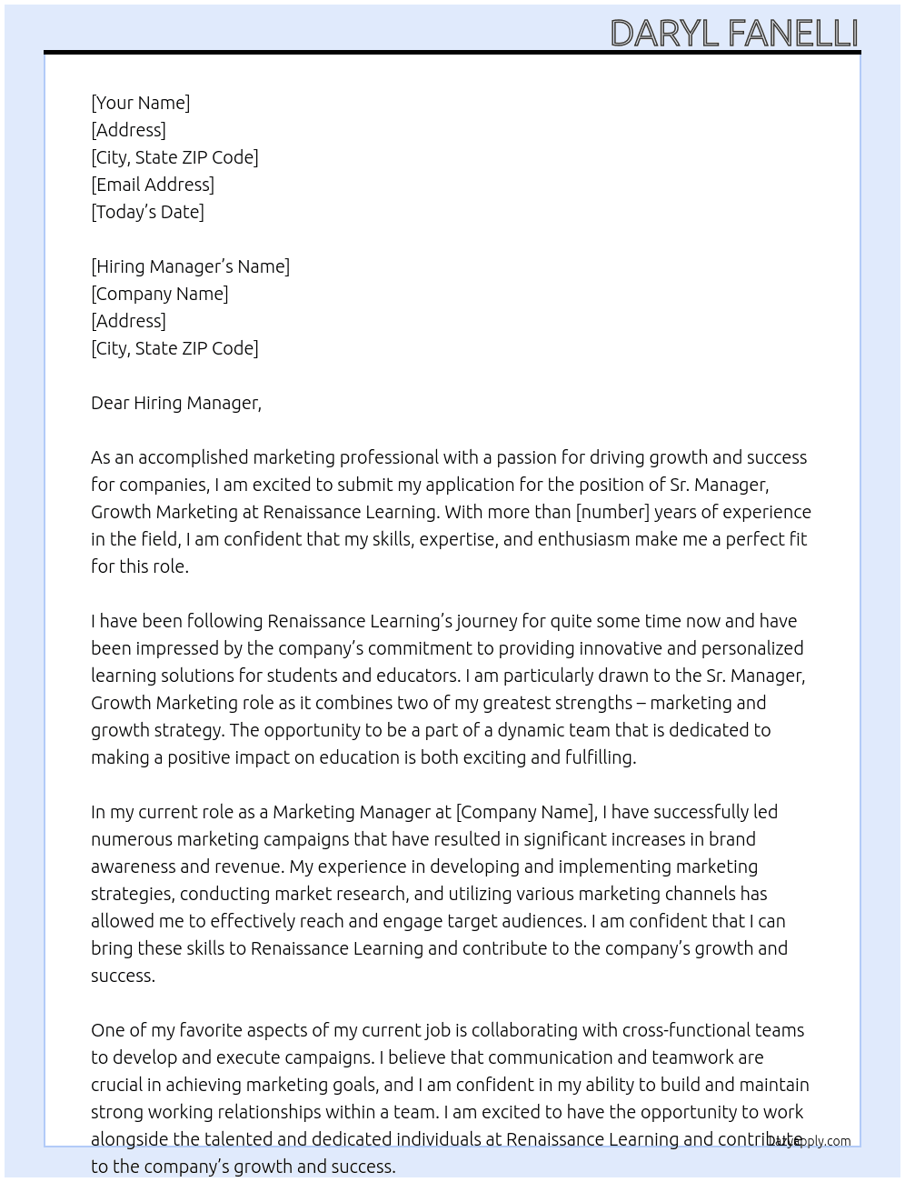 Sr. Manager, Growth Marketing At Renaissance Learning Cover Letter