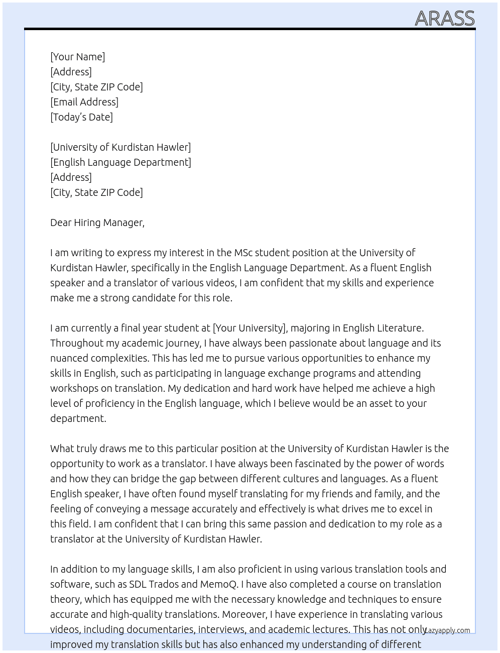 bein msc student At University of kurdistan Hawler/English language department Cover Letter