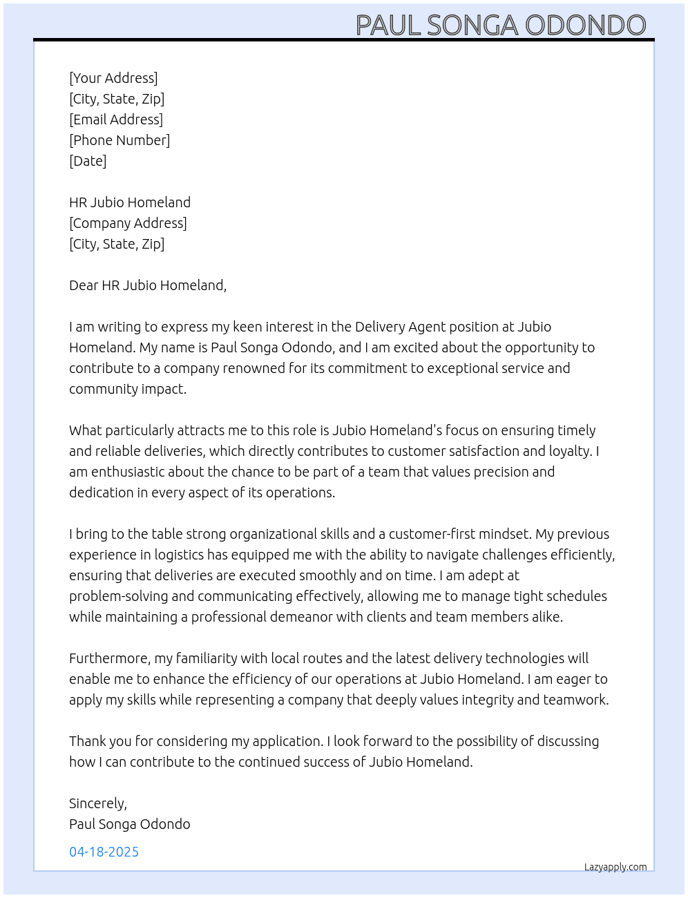 Delivery agent  At Jubio homeland  Cover Letter