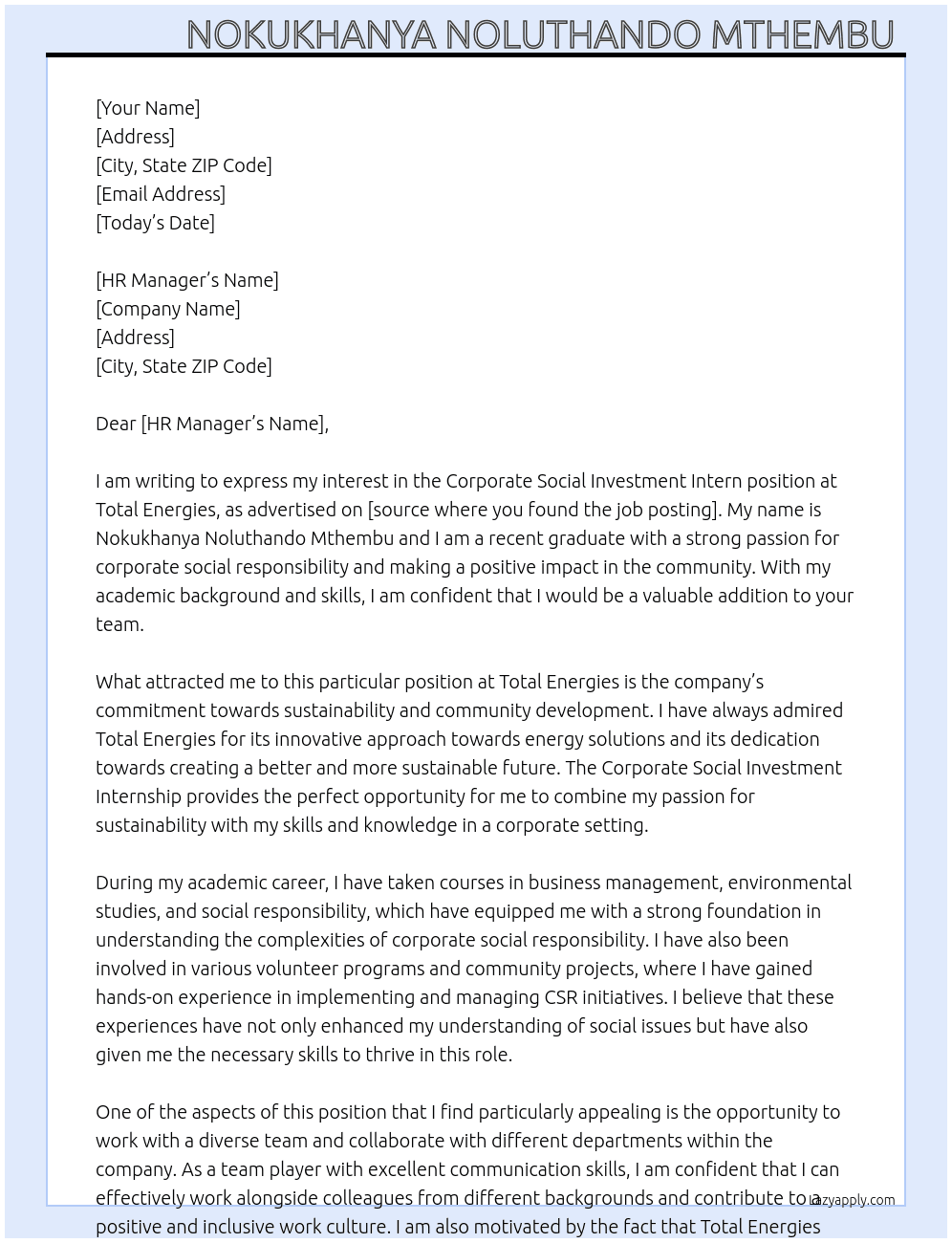 Cover letter for corporate social investment intern - LazyApply