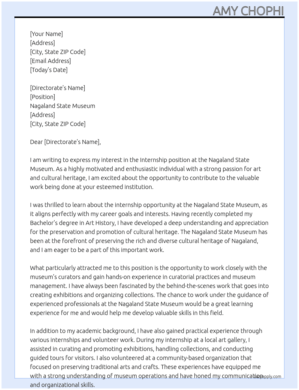 Internship  At Nagaland state museum  Cover Letter