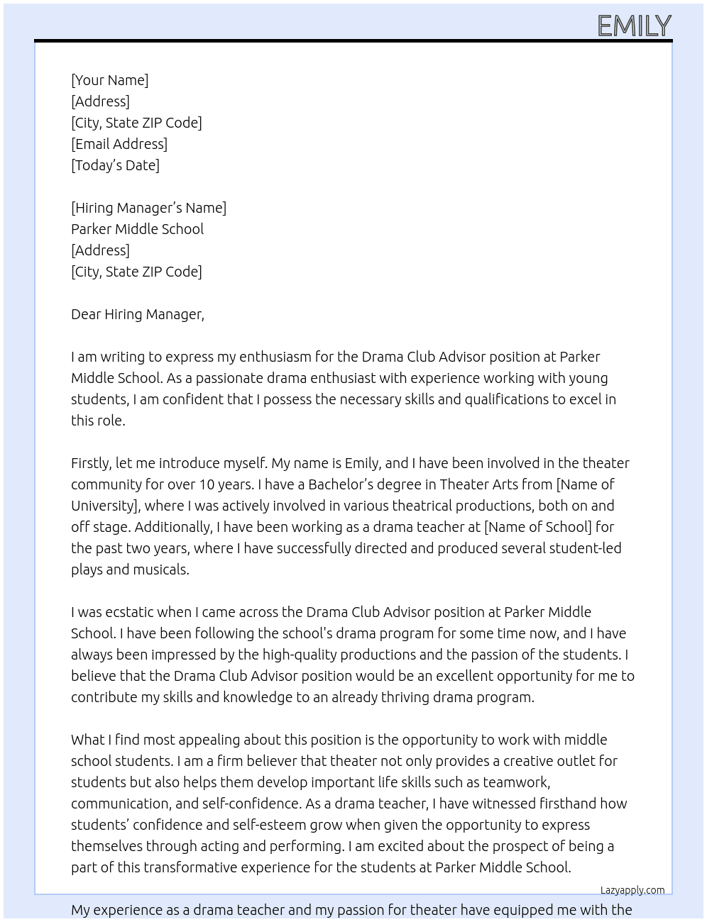 Cover letter for drama club advisor - LazyApply