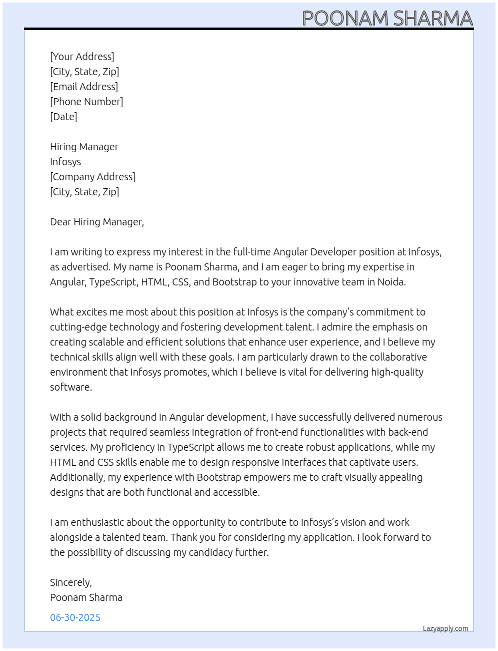 Angular developer At Infosys Cover Letter