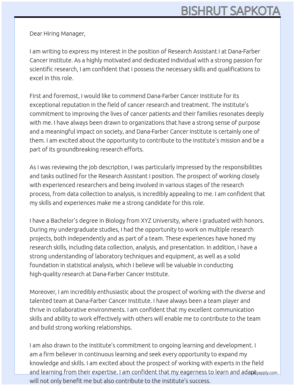 Research Assistant I  At Dana-Farber Cancer Institute Cover Letter