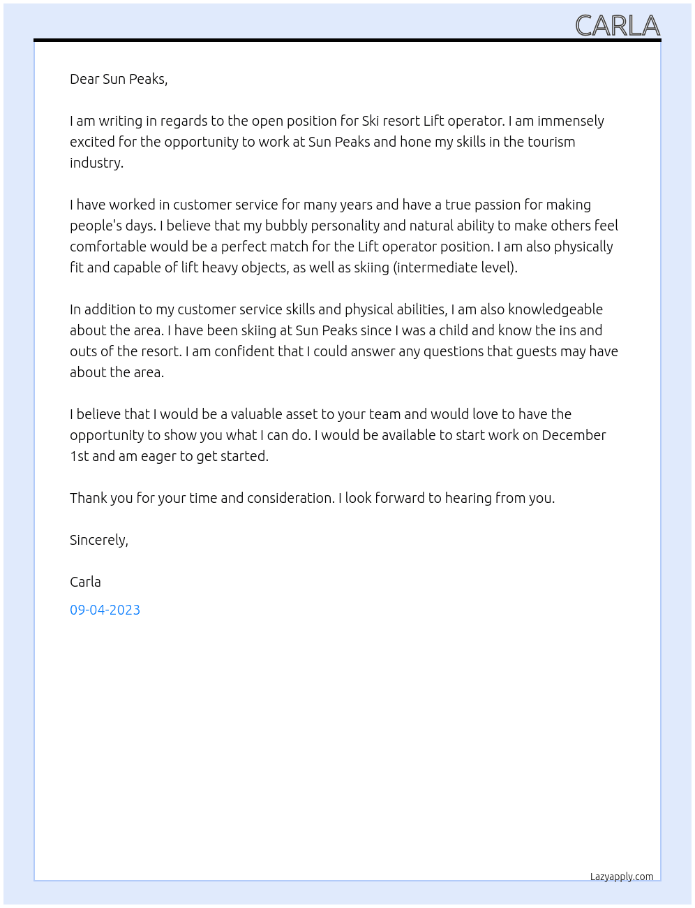 Ski resort Lift operator At Sun Peaks Cover Letter