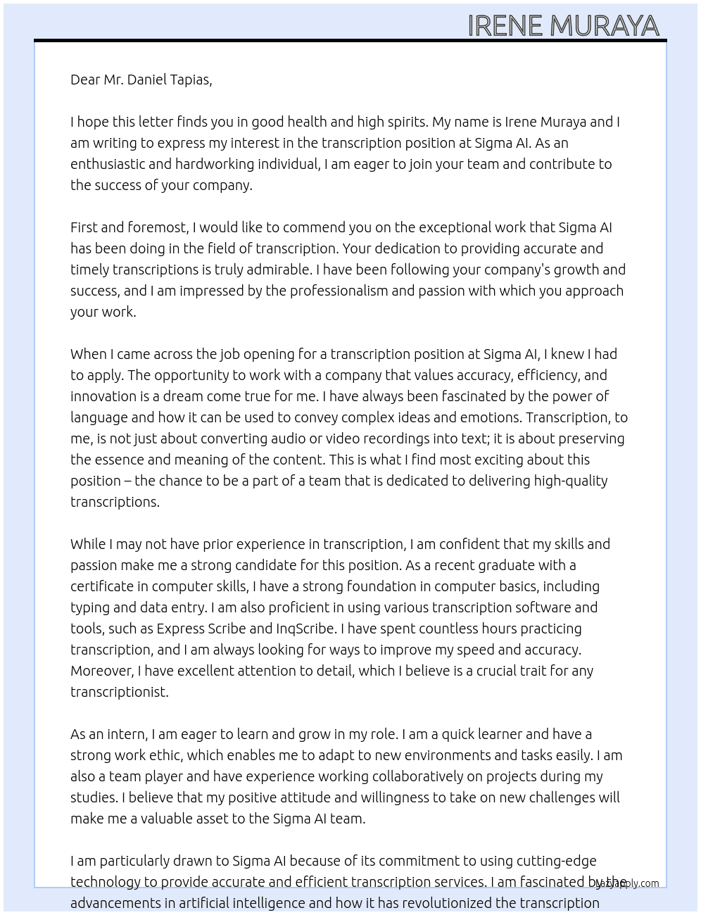 Transcription  At Sigma AI  Cover Letter
