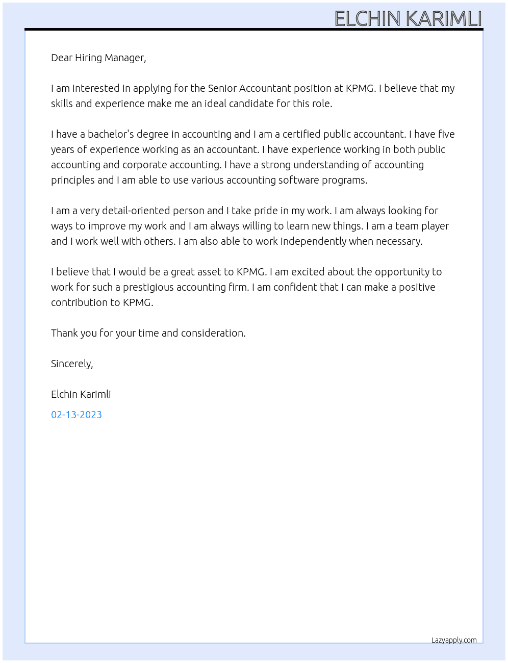 Senior Accountant At KPMG Cover Letter