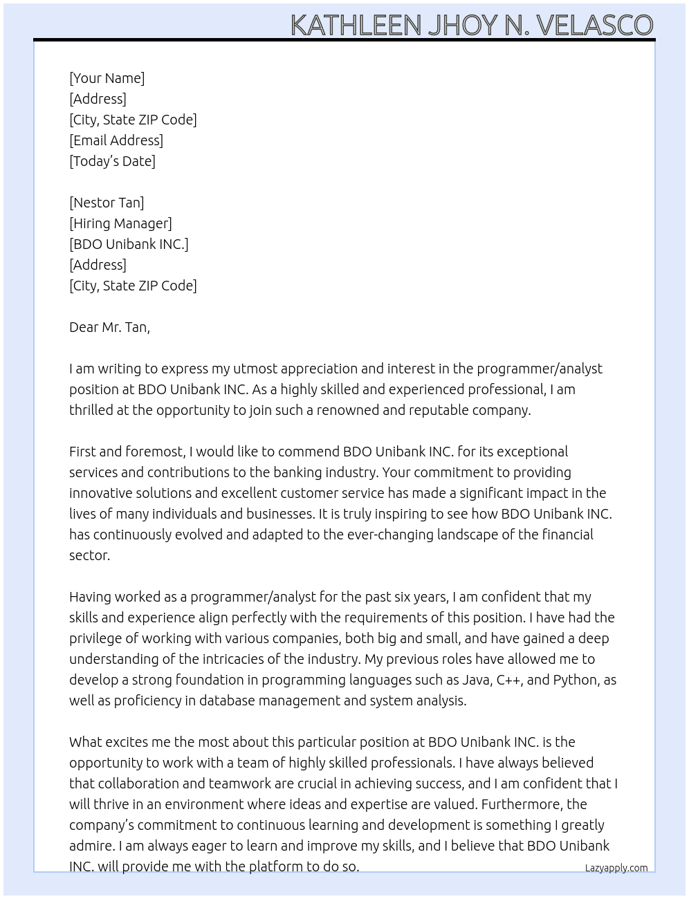 programmer/ Analysts At BDO Unibank INC. Cover Letter