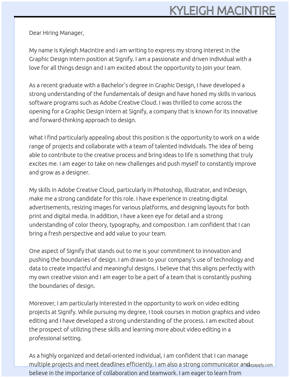 Graphic Design Intern At Signify  Cover Letter