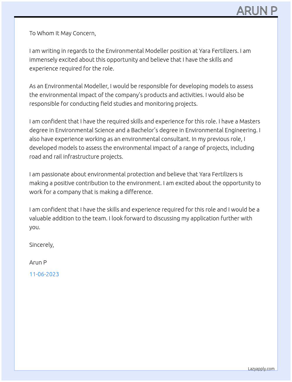 Environmental Modeller  At YARA FERTILIZERS  Cover Letter