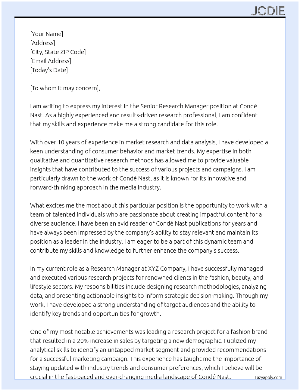 Senior Research Manager At Condé Nast Cover Letter