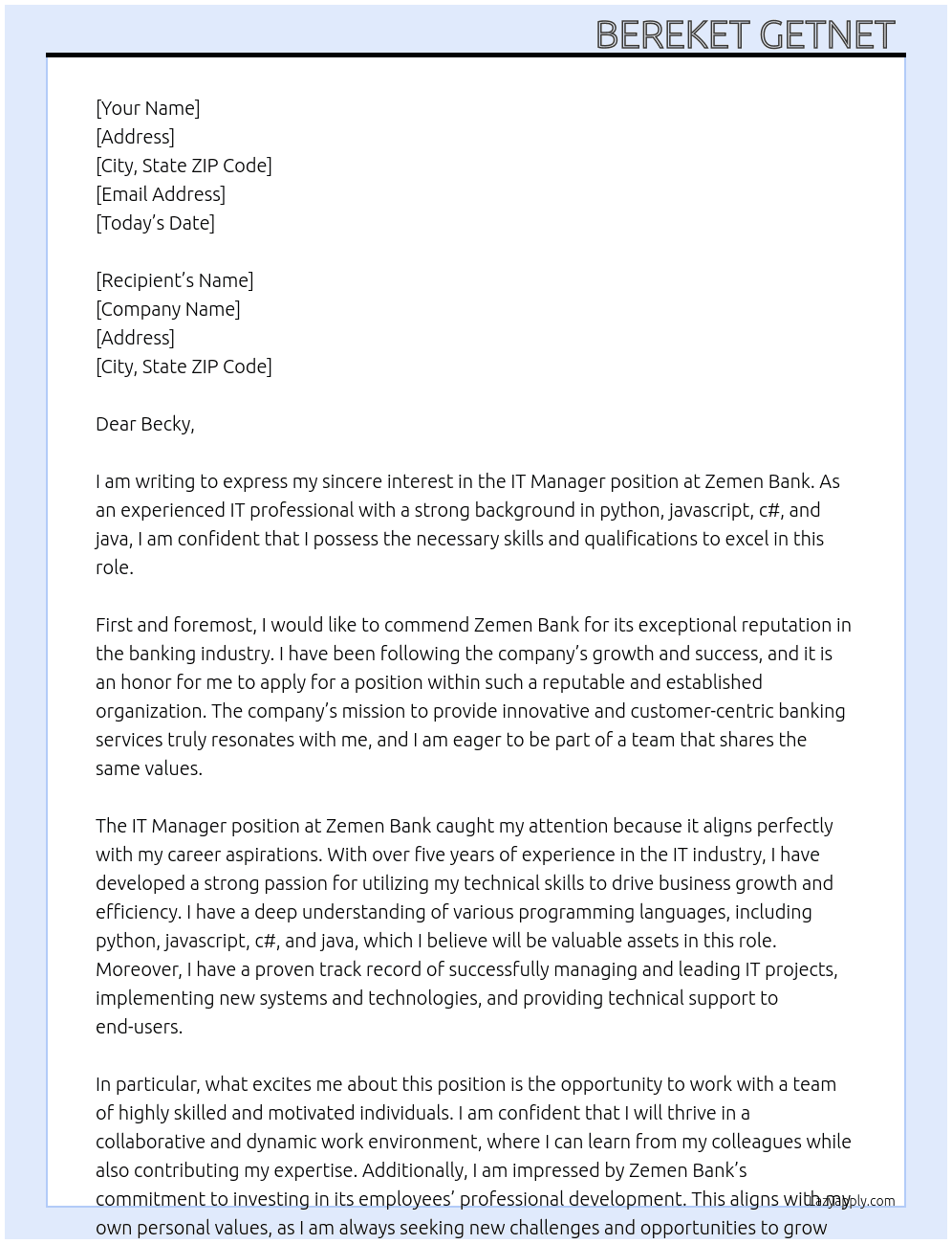 IT At Zemen Bank Cover Letter