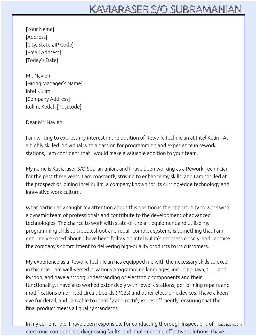Rework Technician  At Intel kulim Cover Letter