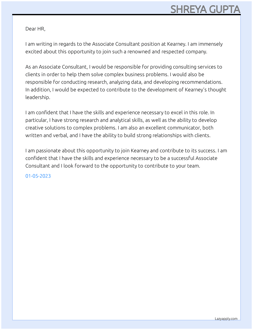 Associate consultant At Kearney Cover Letter