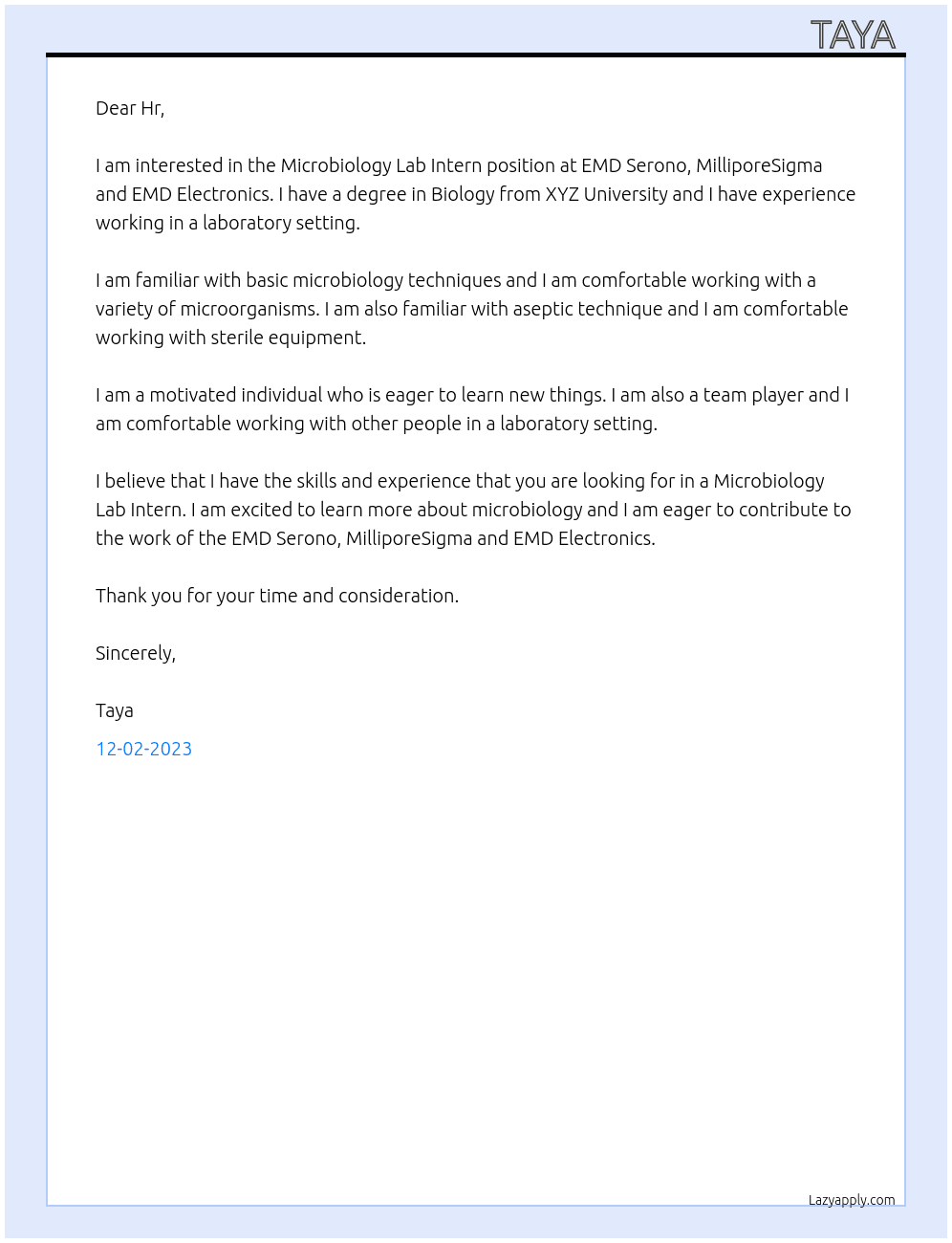 Microbiology Lab Intern At  EMD Serono, MilliporeSigma and EMD Electronics Cover Letter