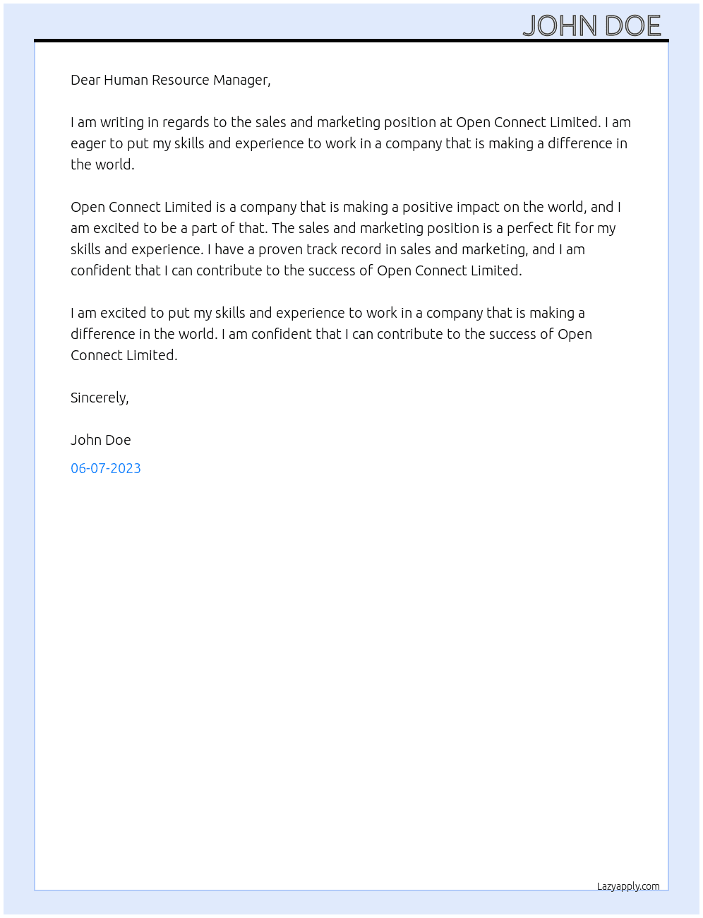 Sales and marketing  At Open connect Limited  Cover Letter