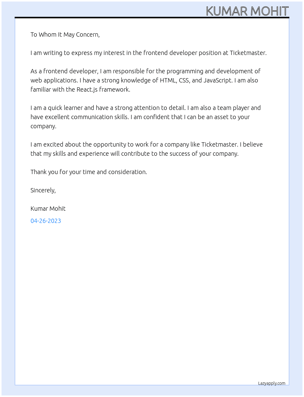 frontend developer  At ticketmaster Cover Letter