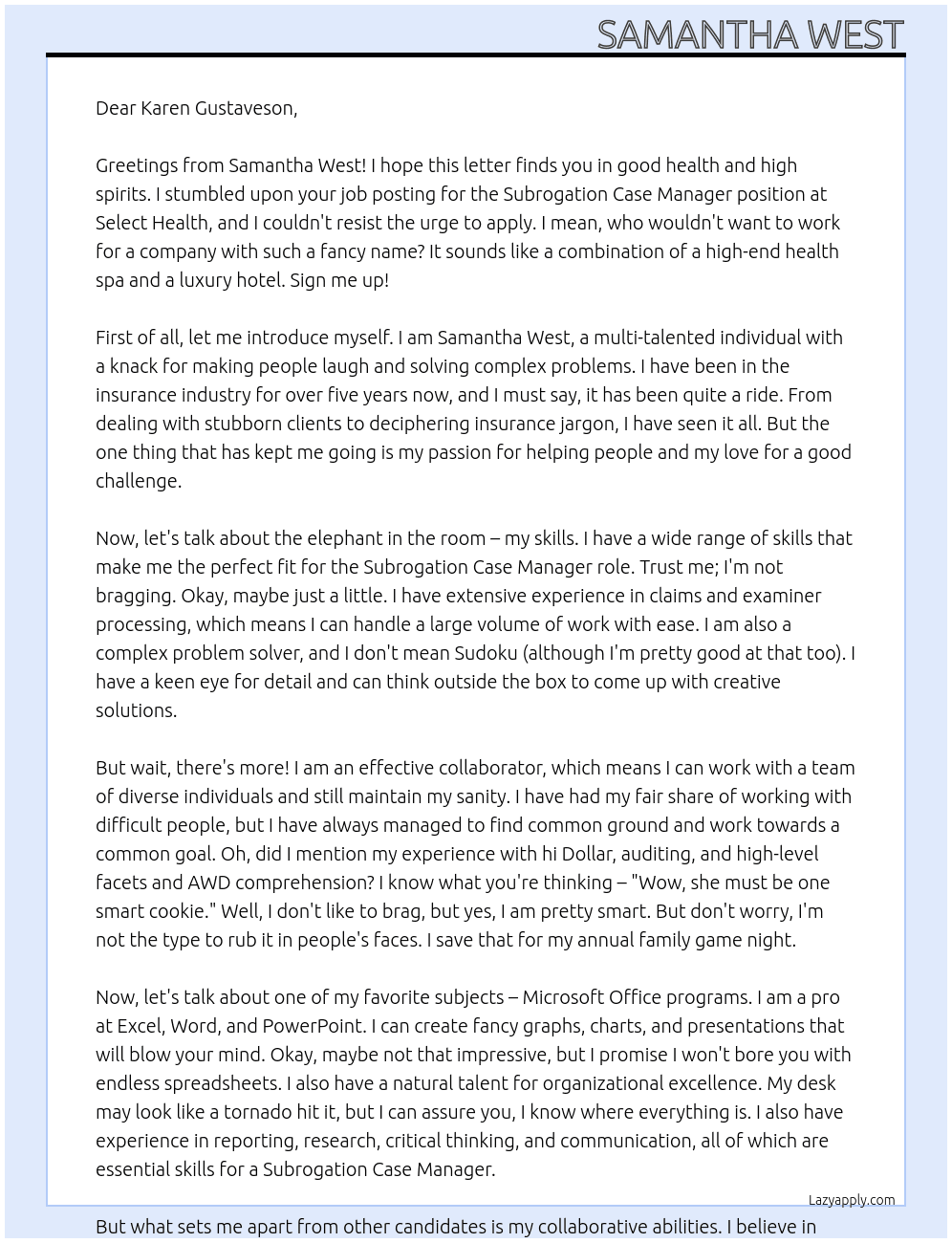 Subrogation Case Manager At Select Health Cover Letter