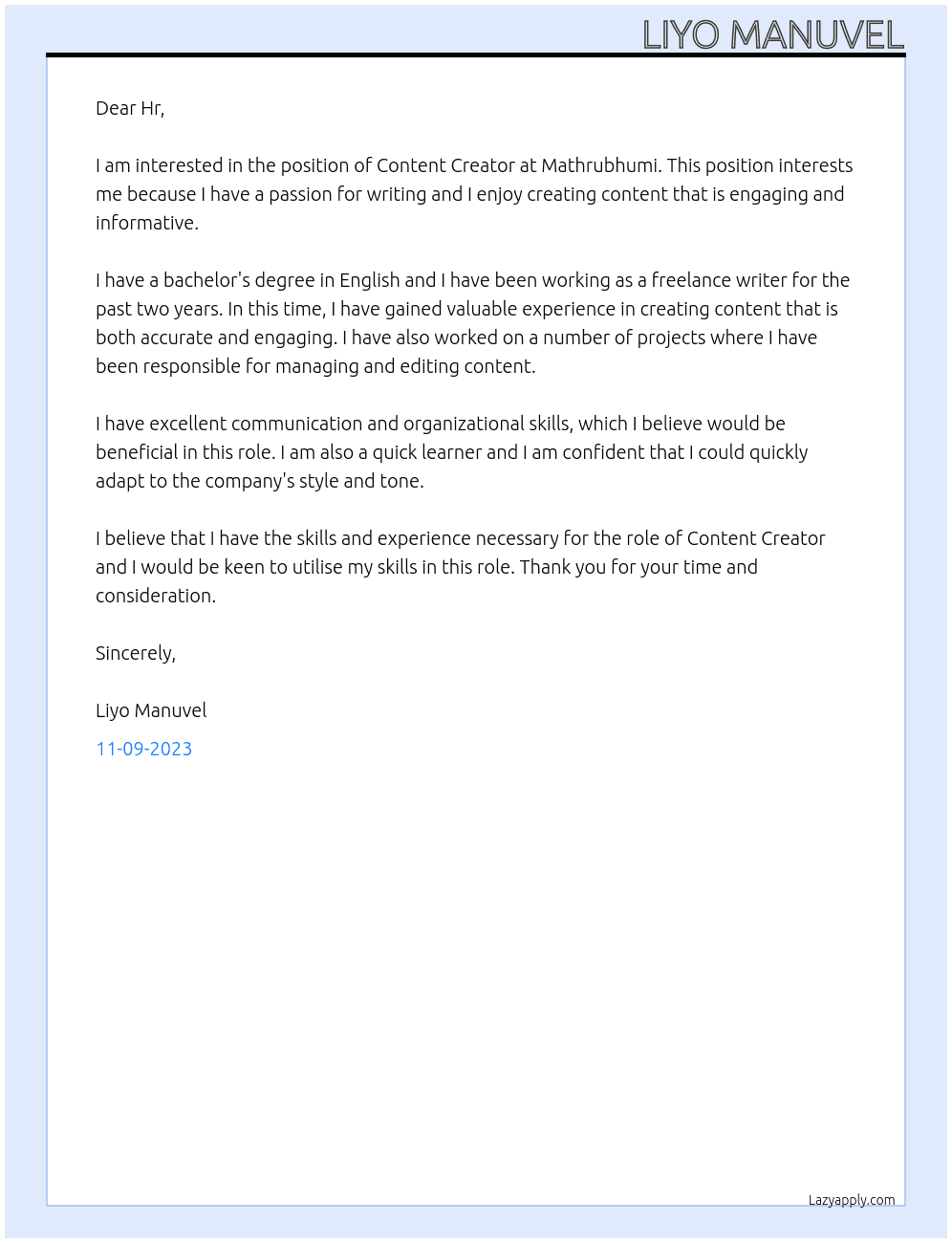 Content Creator At Mathrubhumi Cover Letter