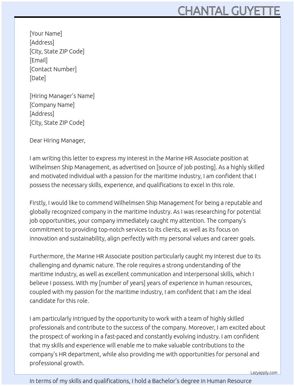 Marine HR Associate At Wilhelmsen Ship Management Cover Letter