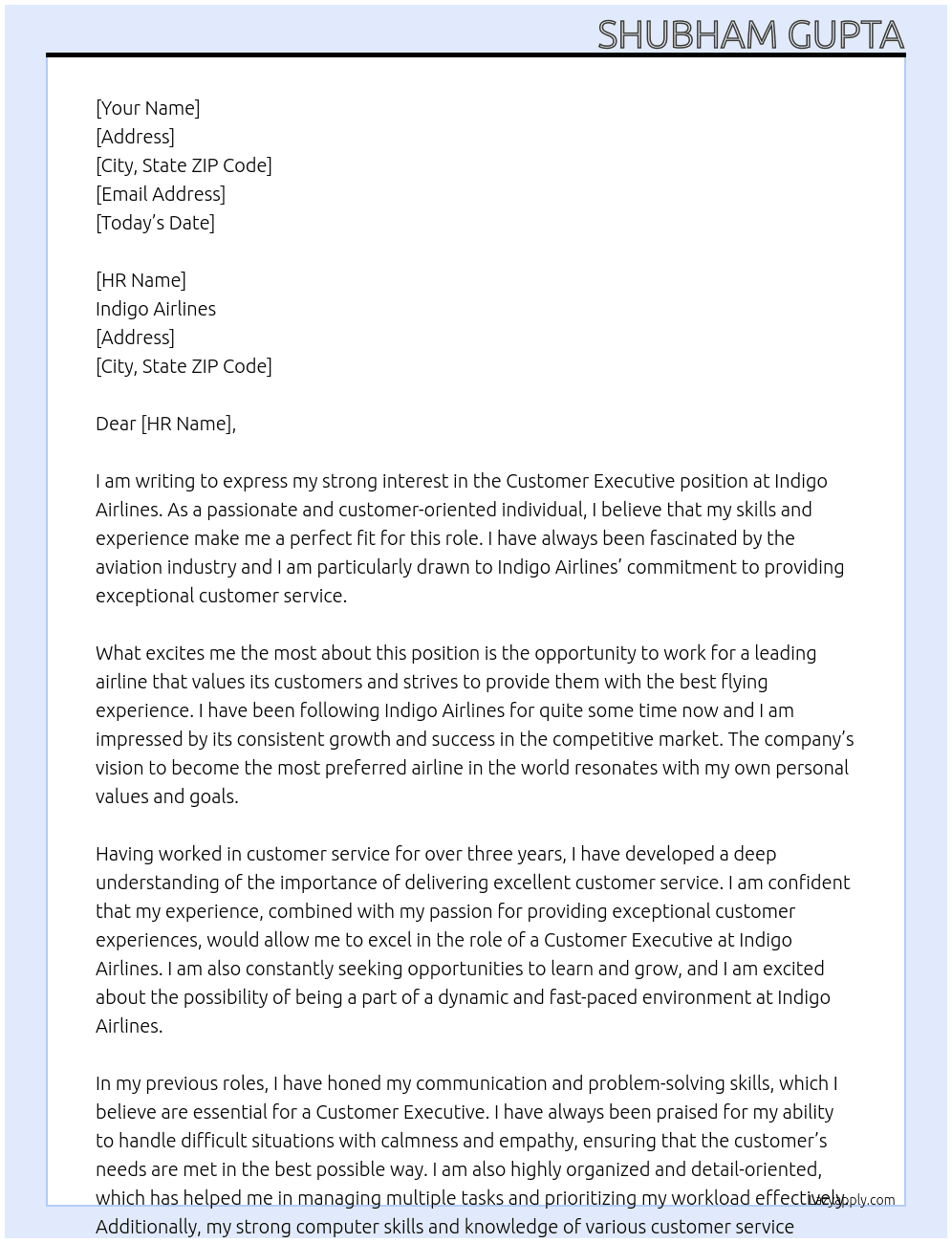 Customer Executive  At Indigo Airlines  Cover Letter