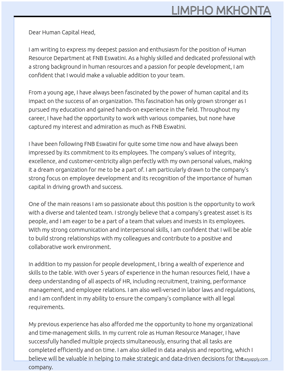 human resource department At FNB Eswatini Cover Letter