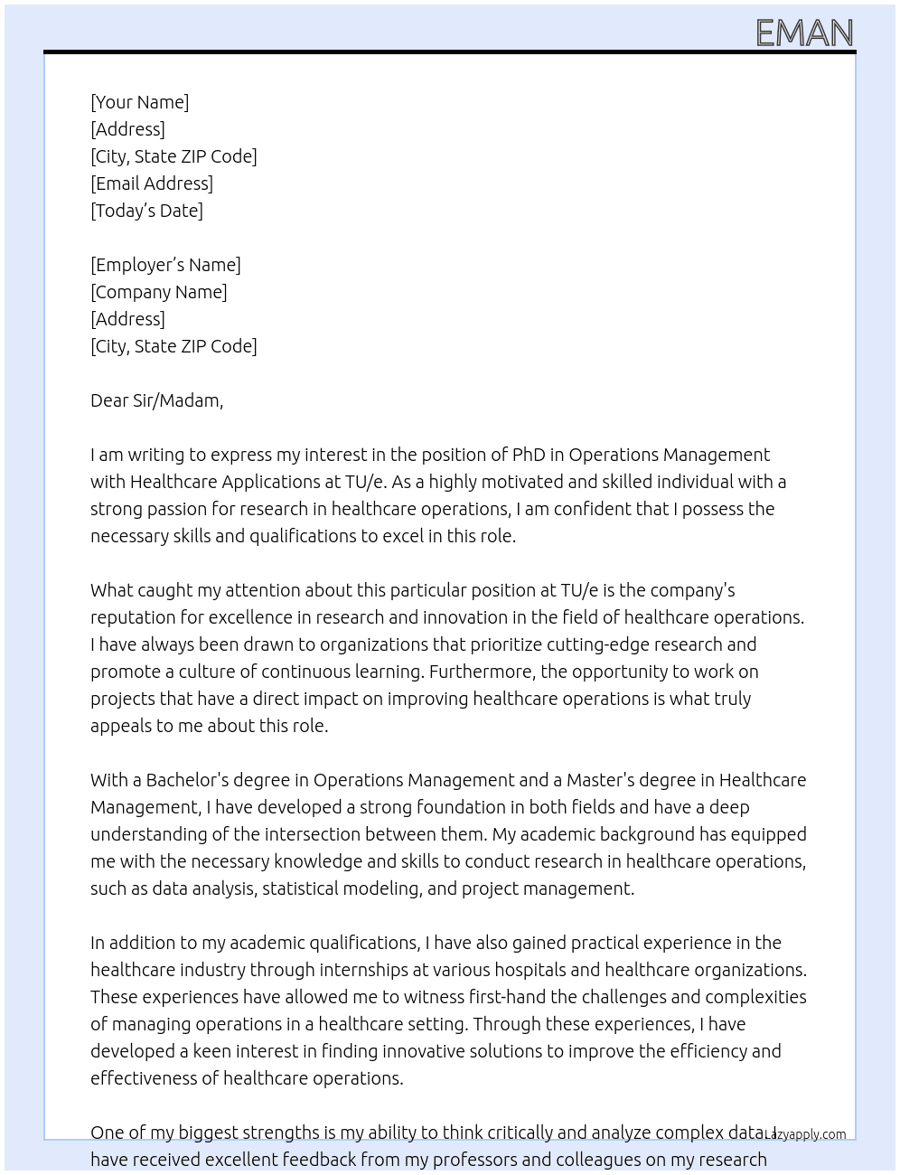 PhD in Operations Management with Healthcare Applications At TU/e Cover Letter