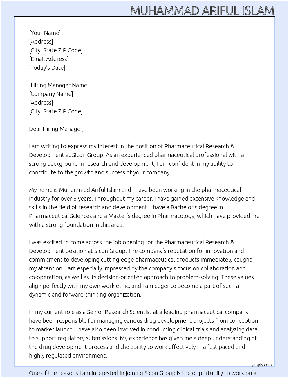 Pharmaceutical Research & Development At Sicon Group Cover Letter
