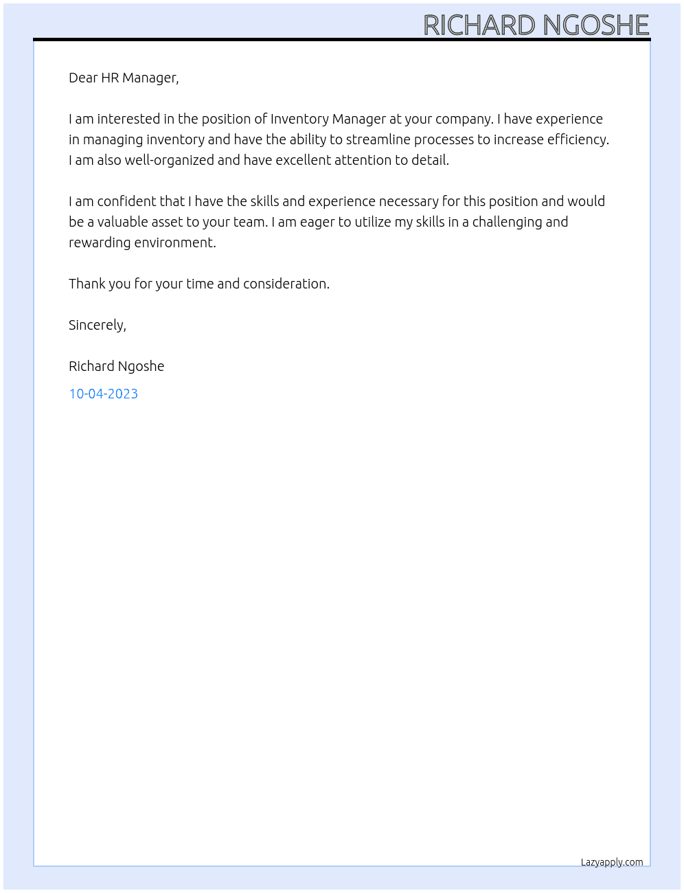 Inventory Manager At Private Company Cover Letter