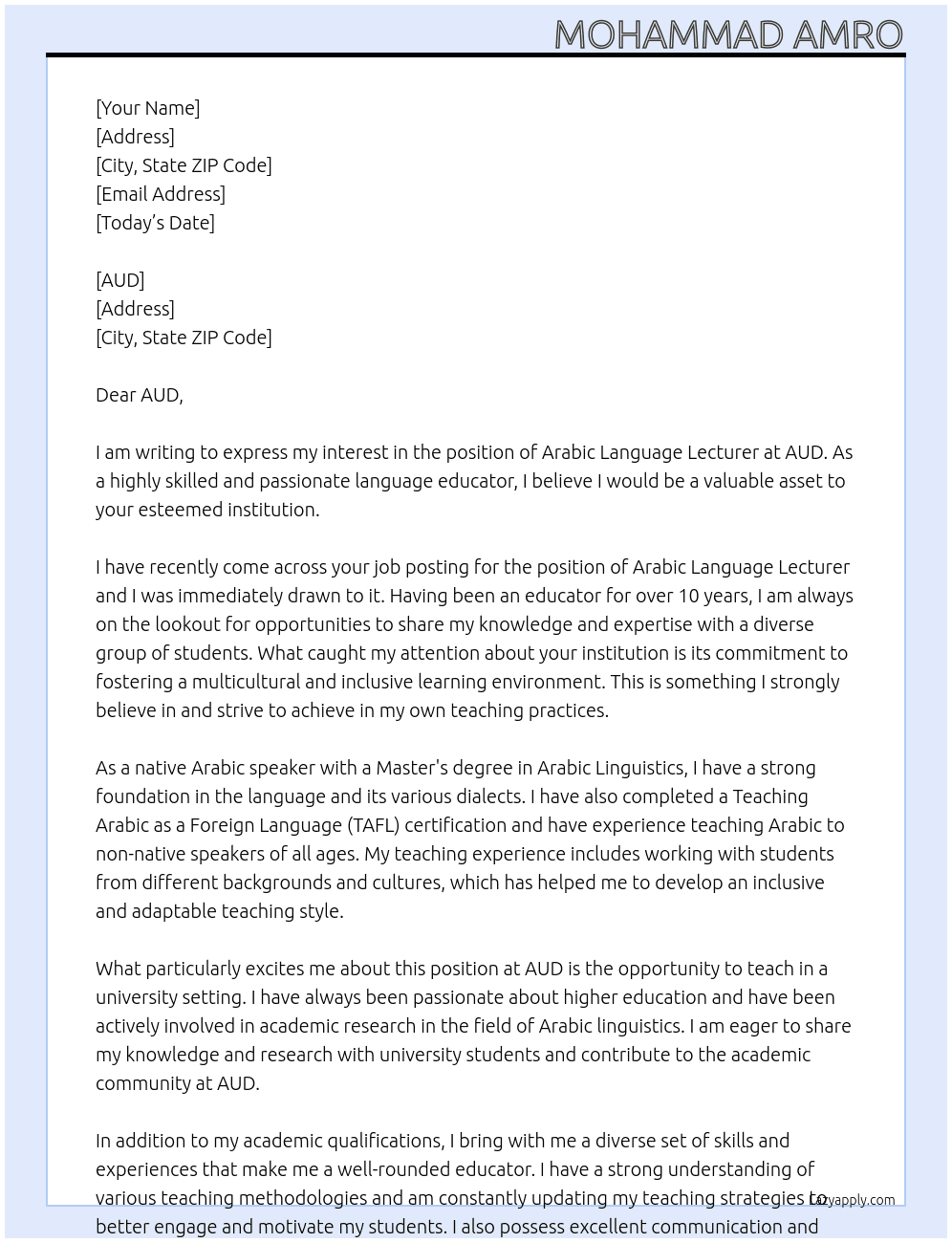 Arabic Language Lecturer At AUD Cover Letter