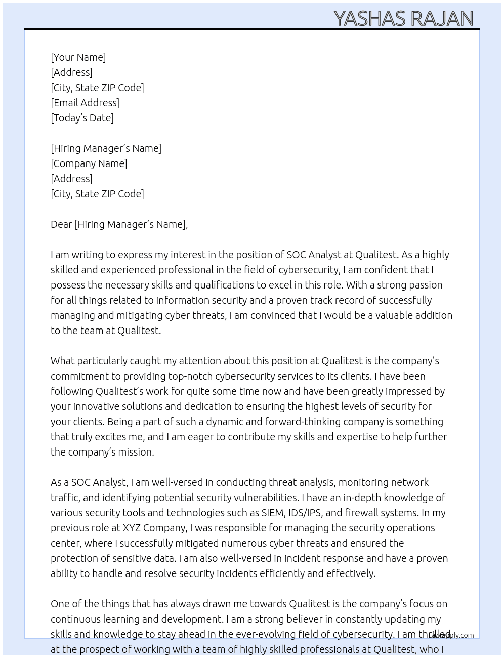 Cover letter for soc analysts - LazyApply