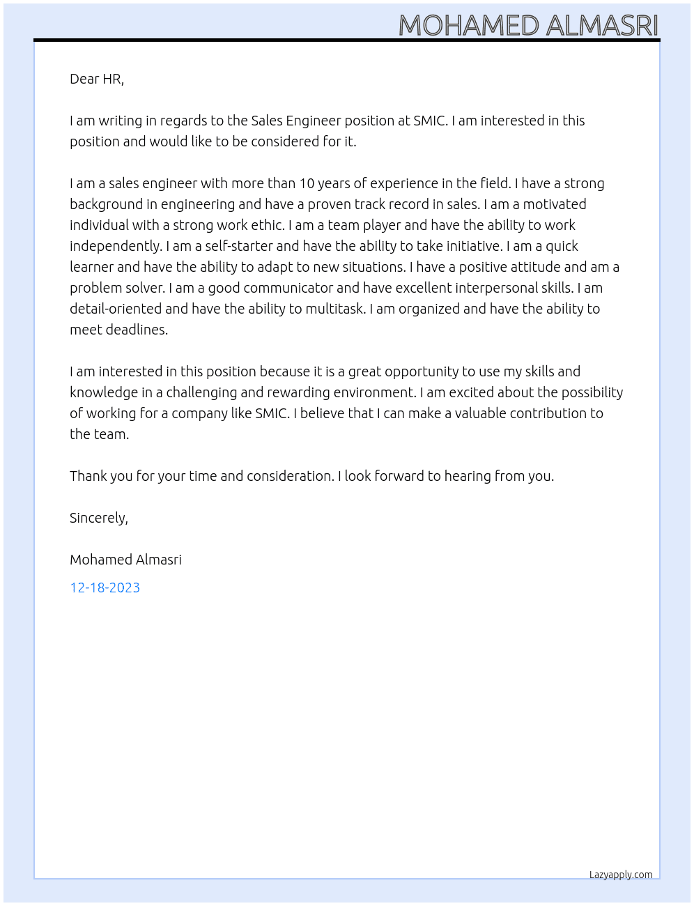 Sales Engineer At SMIC Cover Letter