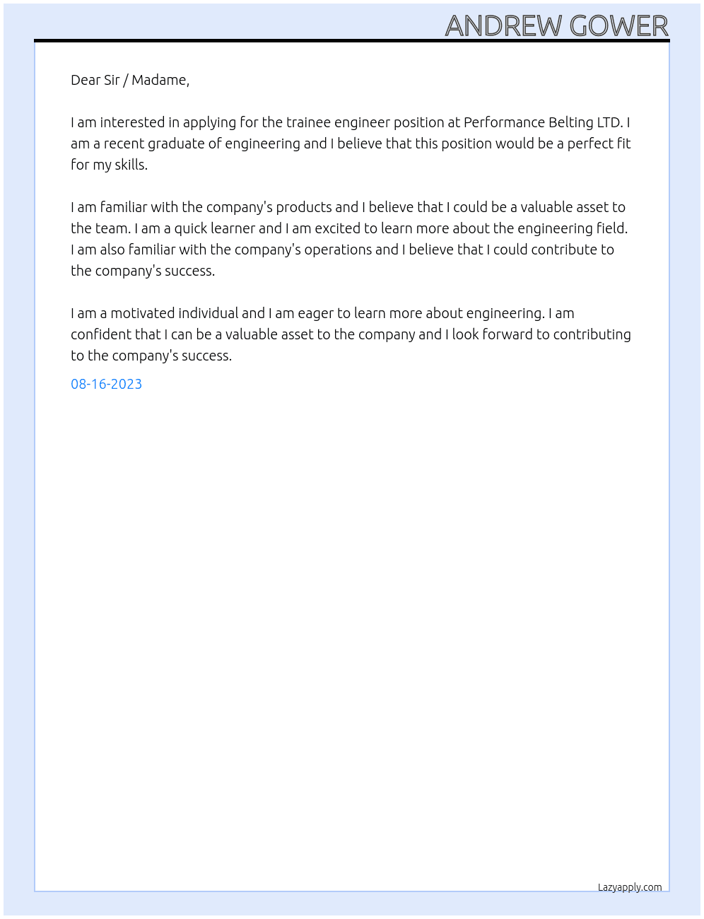 Trainee Engineer At Performance Belting LTD Cover Letter