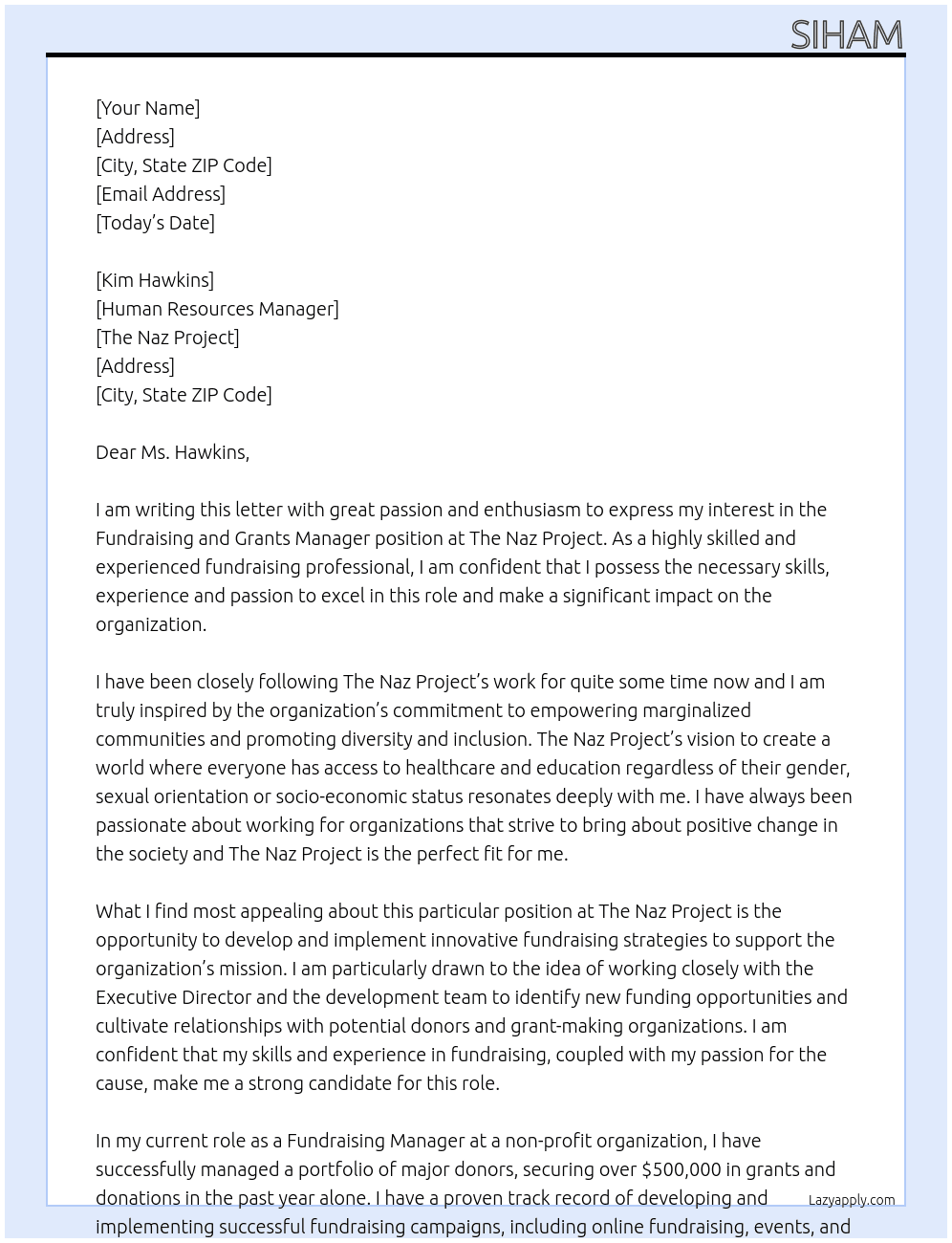 Fundraising and Grants Manager At The Naz Project Cover Letter