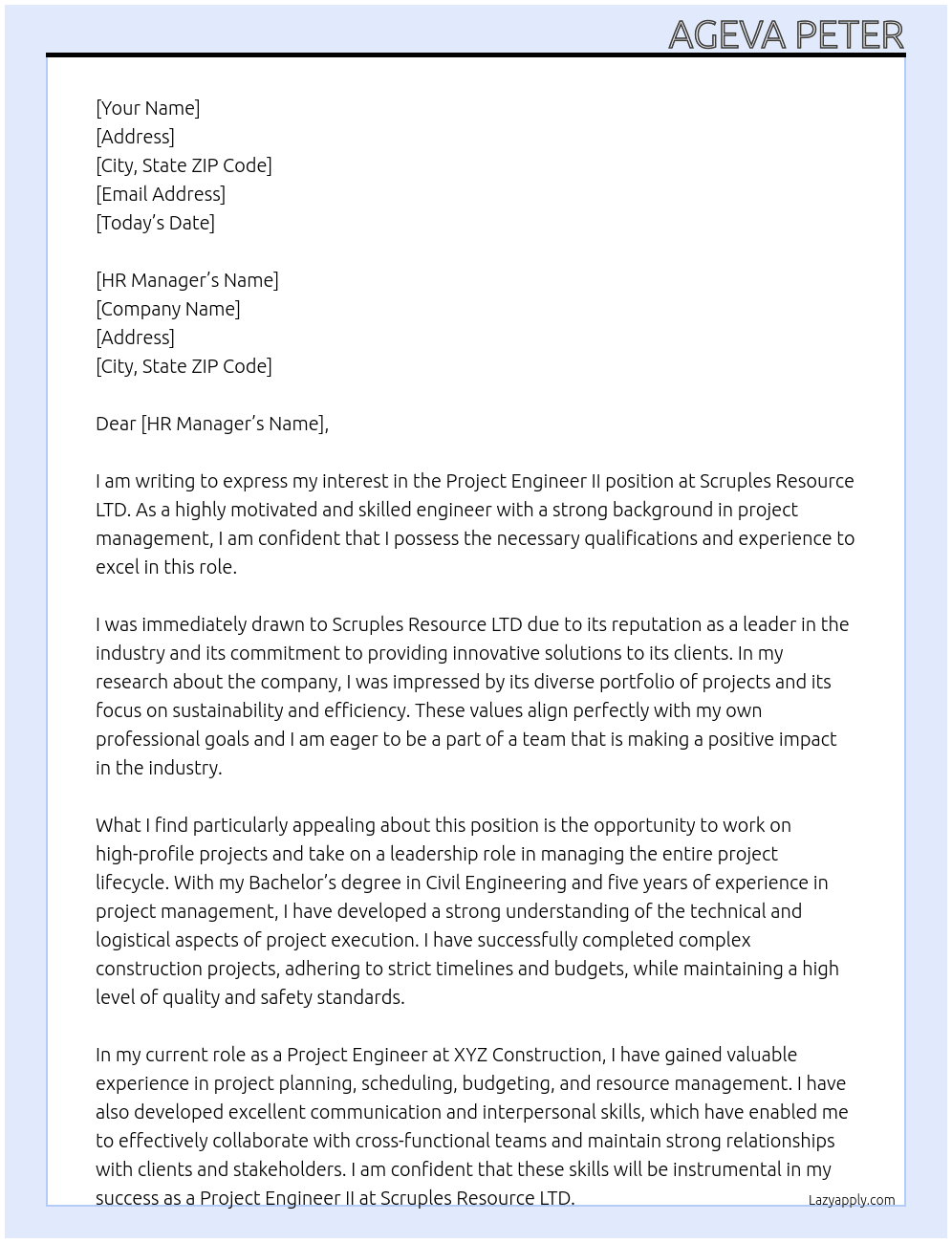Project engineer II At Scruples Resource LTD Cover Letter