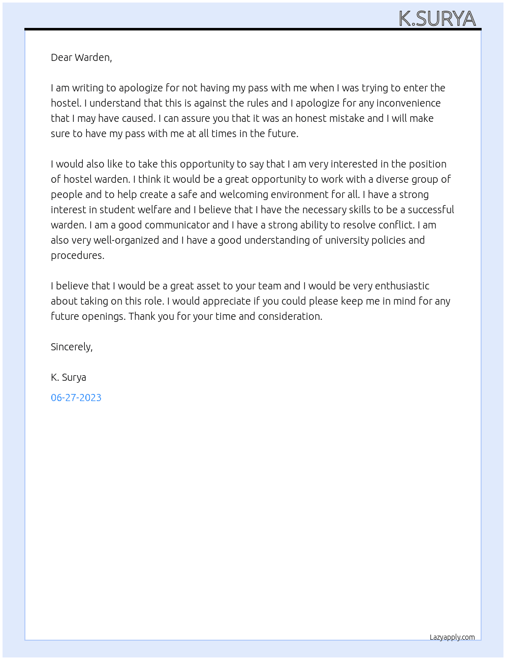 Apology letter for missing out pass in hostal  At Hostal  Cover Letter