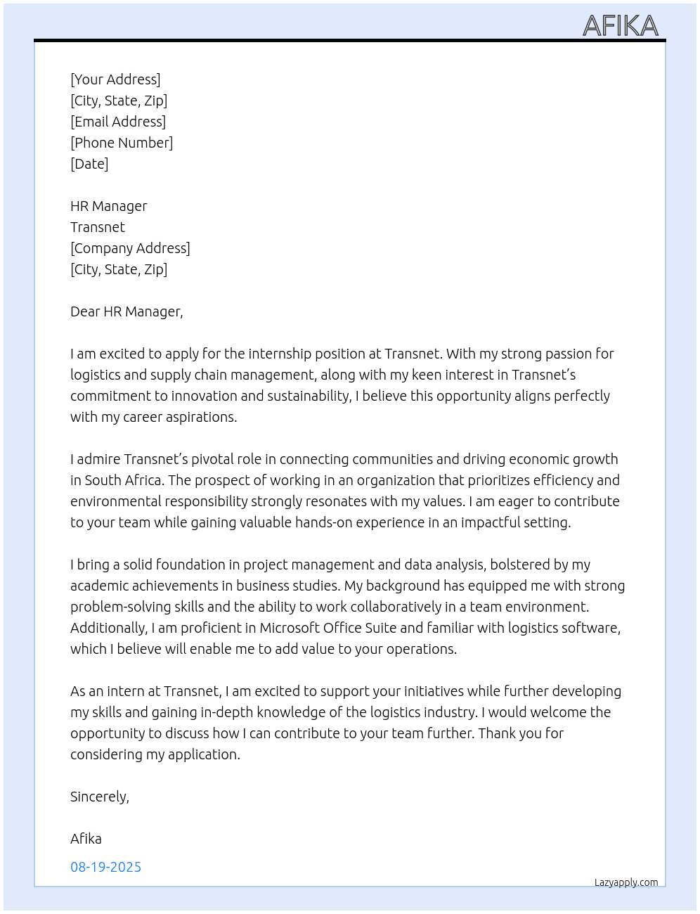 intern At transnet Cover Letter