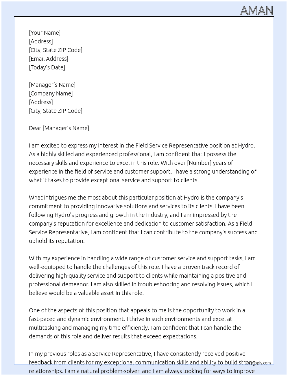 Field Service representative At hydro Cover Letter