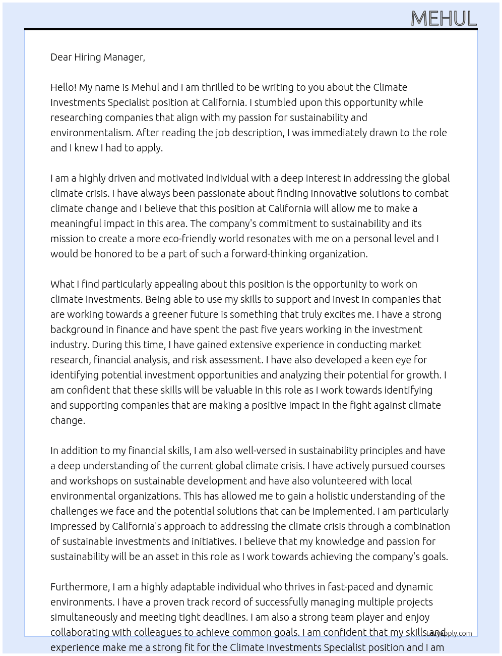 Climate Investments Specialist At California Cover Letter